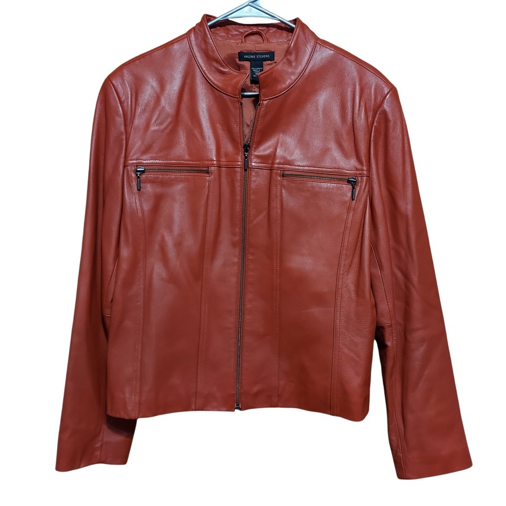 Valerie Stevens‎ Womens XL Burnt Orange Leather Zip Up Moto Jacket Mock Neck
